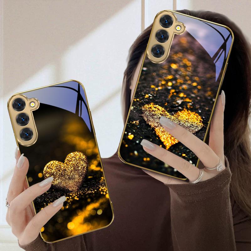 Shining heart shape For Samsung Galaxy S20 FE S21 S22 Ultra S23 Plus S24 Ultra 25Ultra S21+ S9+ 22Plus Golden glass phone case