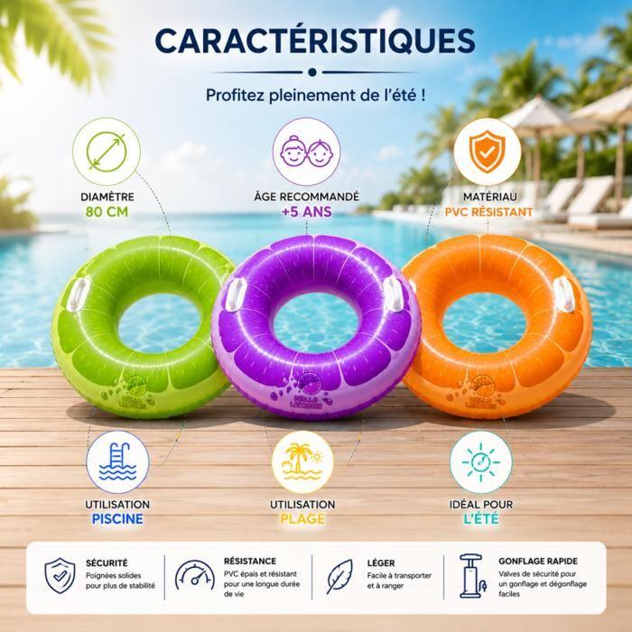 Bouée ronde gonflable - SIROCO - 80 cm - PVC robuste - Coloris aléatoire (orange/vert/violet) - Gonflage rapide