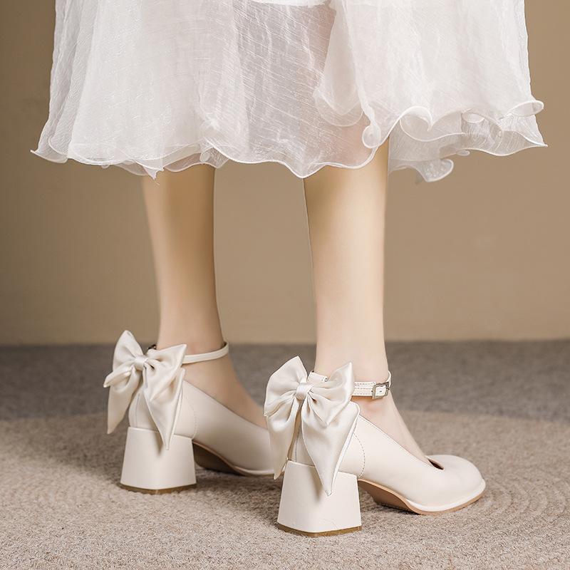Women Wedding Shoes Sweet Silk Ribbon Bow 5cm Heel Pumps Lady Mary Jane Party Shoes Bridesmaid Lolita Girls Shoes
