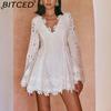 Women's Long-Sleeve Lace-Trimmed V-Neck Fitted Short Dress