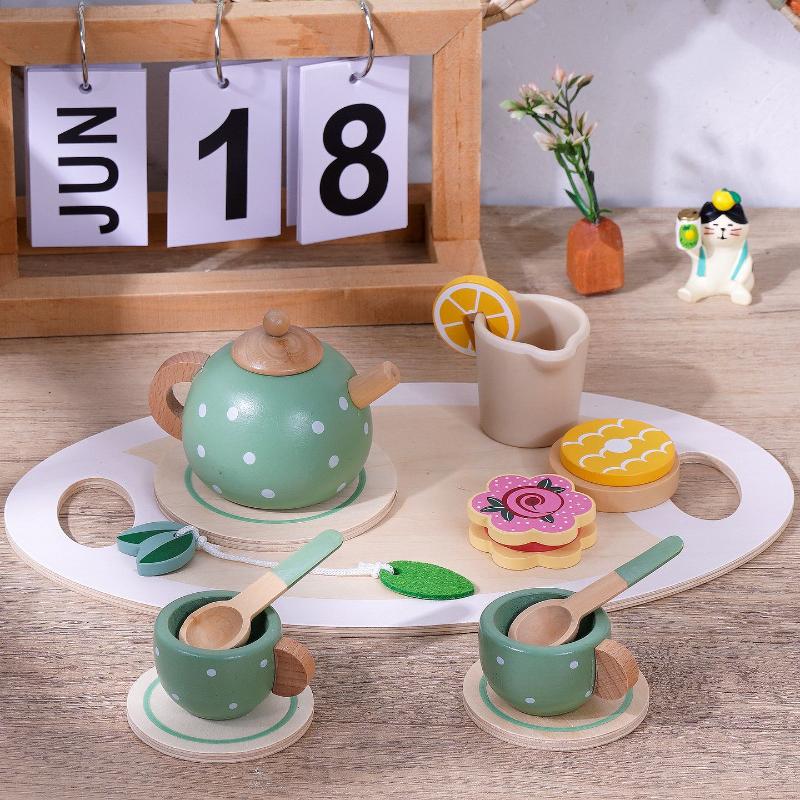Wooden Kids Tea Set Pretend Play Food Kitchen Accessories Creative Imaginative Toy for Girls Birthday Tea Party Playroom