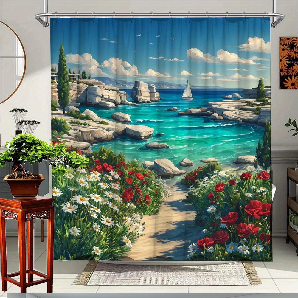 

1pc nature landscape shower curtain with colorful wildflowers and soothing seascape, bathroom decorative shower curtain 90x180cm