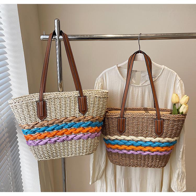 Shoulder Straw Bag New Rainbow Striped Straw Bag Woven Bag Vacation Beach Bag Versatile Women's Bag