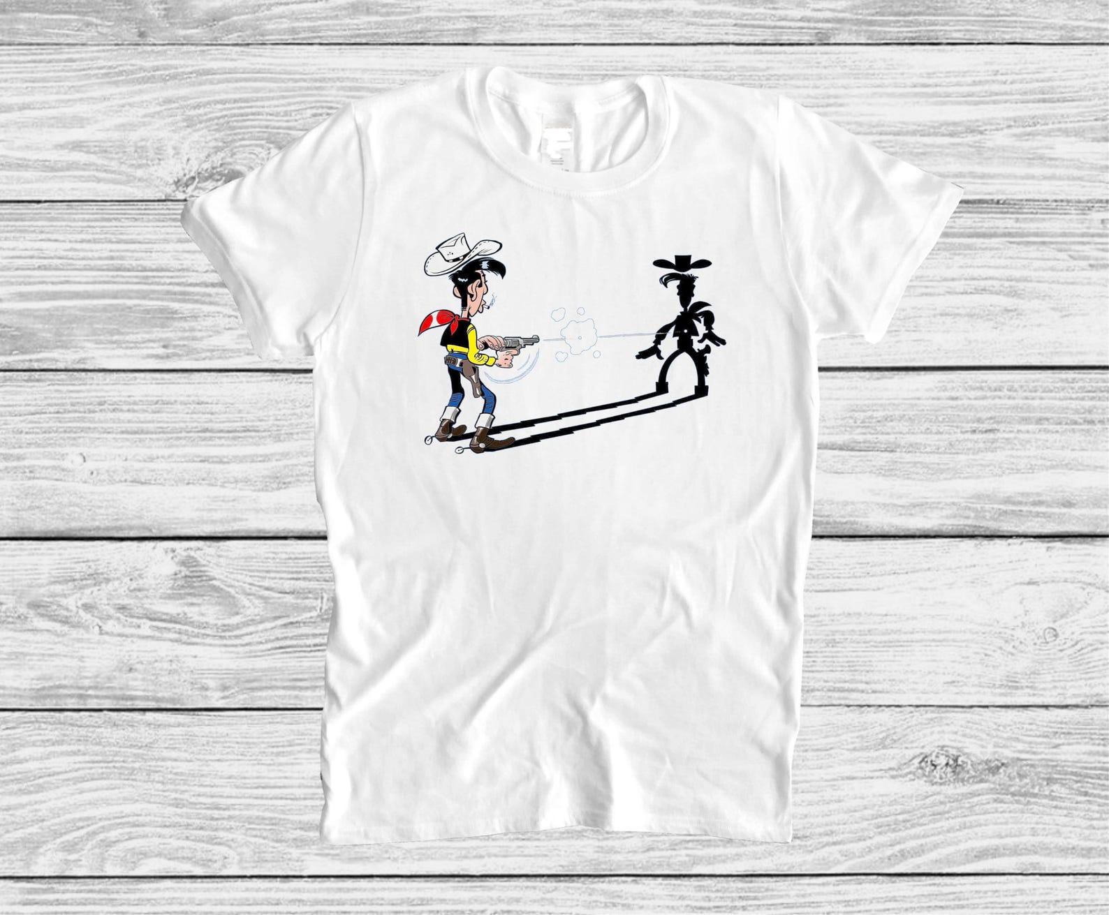 Cartoon Cowboy Lucky Luke Duel With a Shadow T shirt, Wild West Graphic Tee M