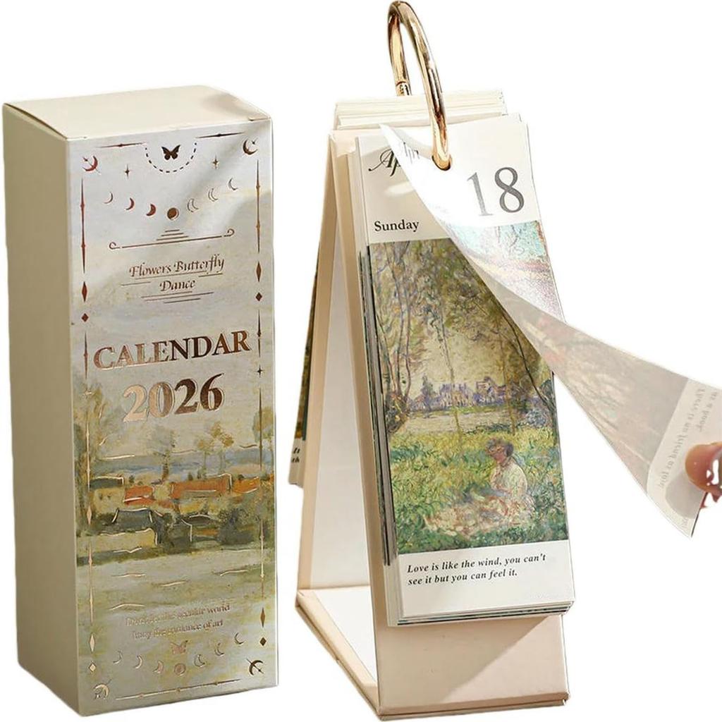 Aufstellkalender Schreibtischkalender Mit Goldringbindung, Ölgemälde Inspirierende Zitate Planer-Kalender