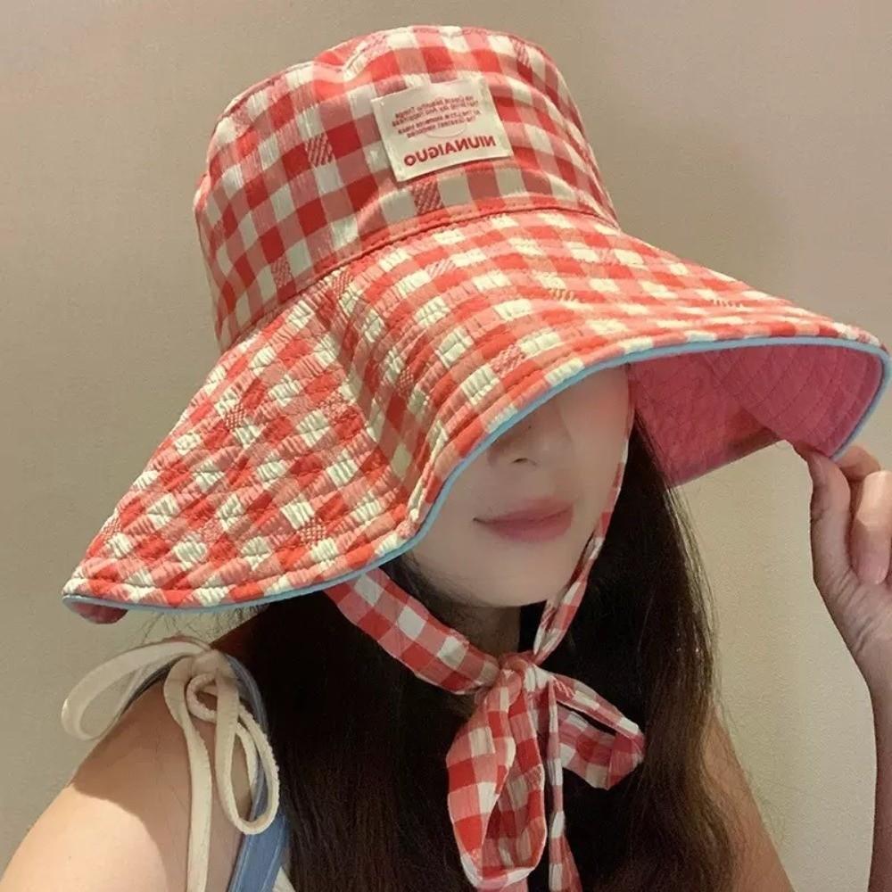 Korean Style Fisherman Hat Versatile Large Brim Sun Cap New Plaid Bucket Hat  for Summer Travel