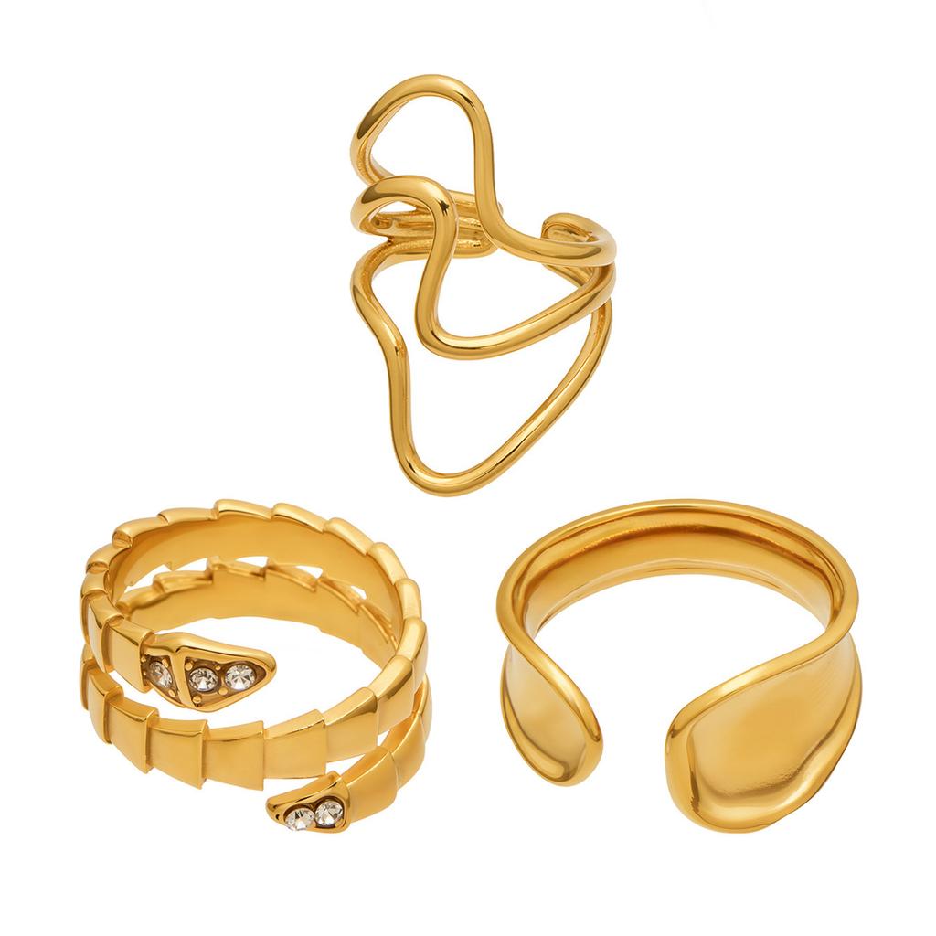 18K Gold Plated Adjustable Stainless Steel Ring Set, Luxury Snake Zircon Geometric Minimalist Unique Women Daily Wear Jewelry