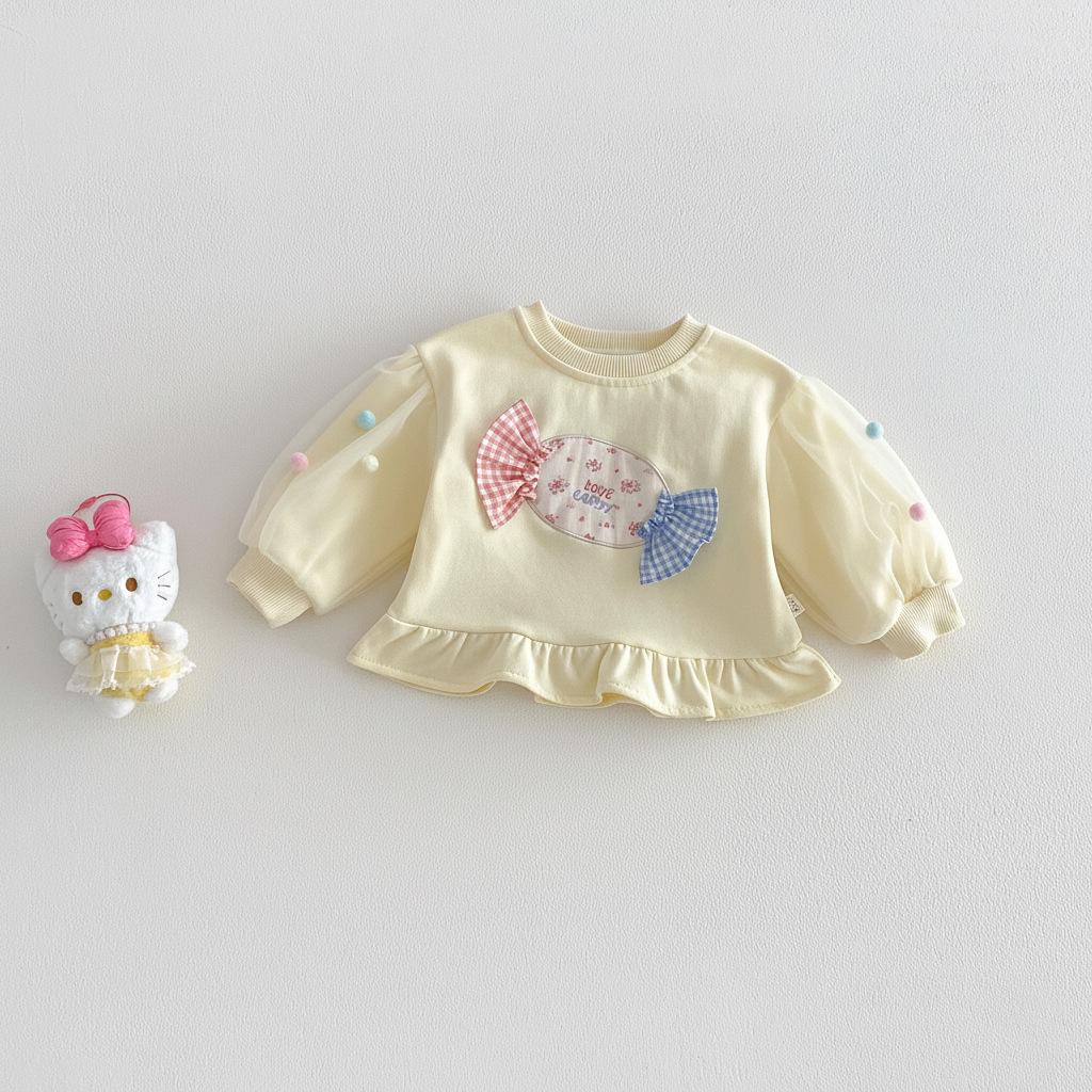 Girls' Korean Style Spring 2026 Mesh Pom-pom Hoodie – Trendy Floral Baby Layer Top
