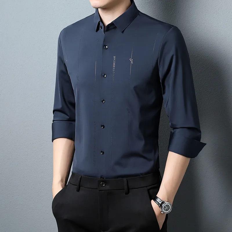 Men's Light Blue Long Sleeve Shirt Slim Fit Casual Business Button-Down Shirt with Minimalist Embroidery