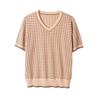 Women's Knitted T-shirt Short Sleeved V-neck Ice Silk T-shirt Color Blocked Loose Top