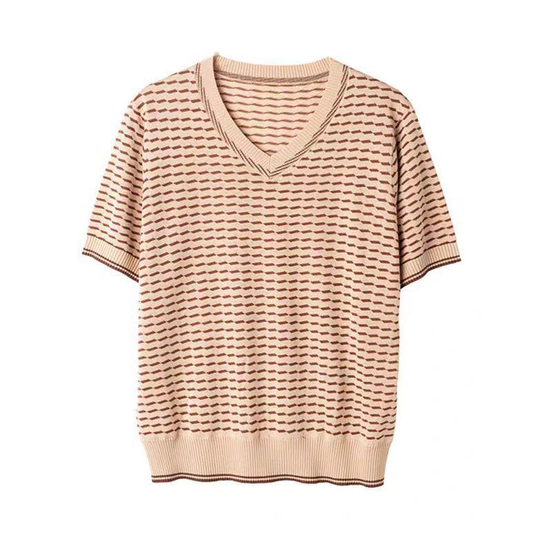 Women's Knitted T-shirt Short Sleeved V-neck Ice Silk T-shirt Color Blocked Loose Top