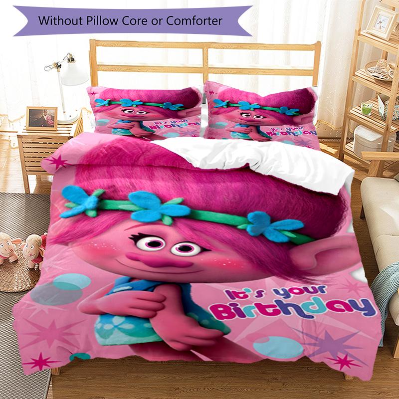 3pcs Trolls Design Cover Set - HD Printed Bedding with 1 Cover and 2 Pillowcases - Perfect for Home and Dorm Decor