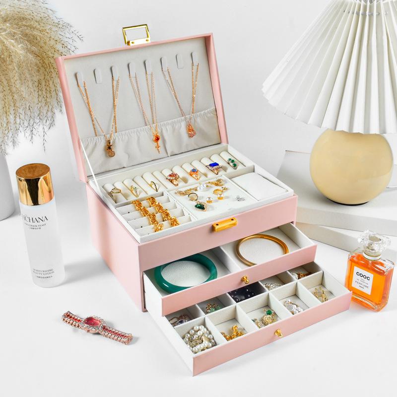 Cuir PU de haute qualité à trois couches Type tiroir Anti-poussière Anti-oxydation Multifonctionnel Boîte de rangement pour bagues boucles d'oreilles colliers