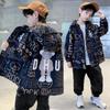 Boys' Fashion Coat Spring and Autumn Children's Bear Print Hooded Trench Coat