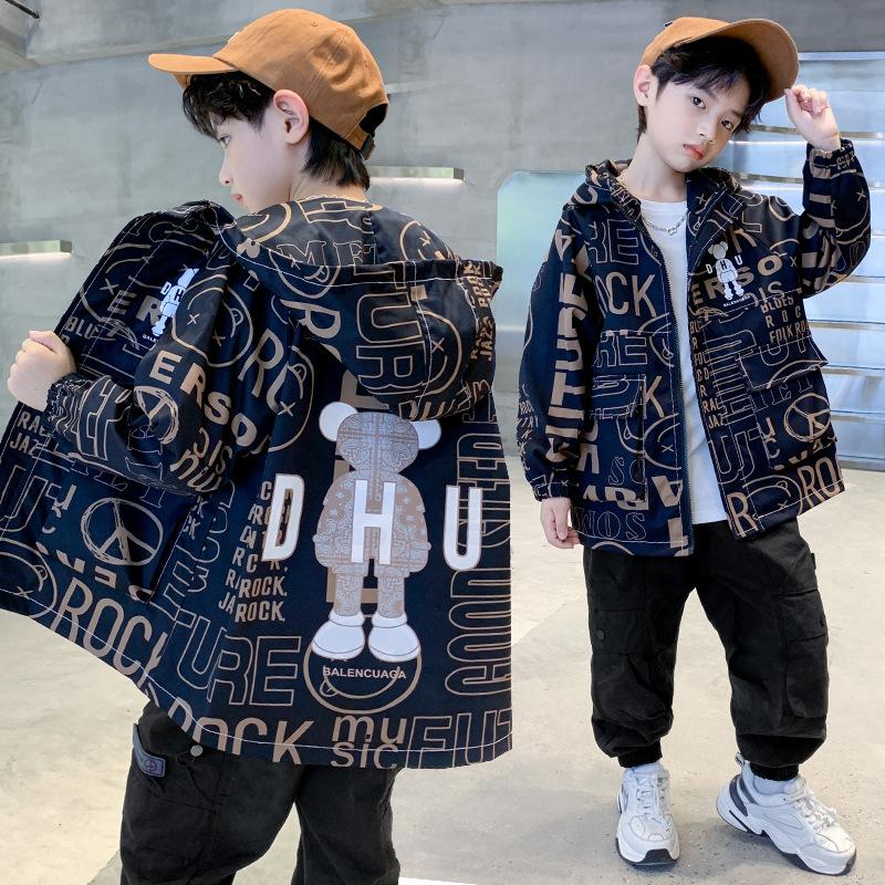 Boys' Fashion Coat Spring and Autumn Children's Bear Print Hooded Trench Coat