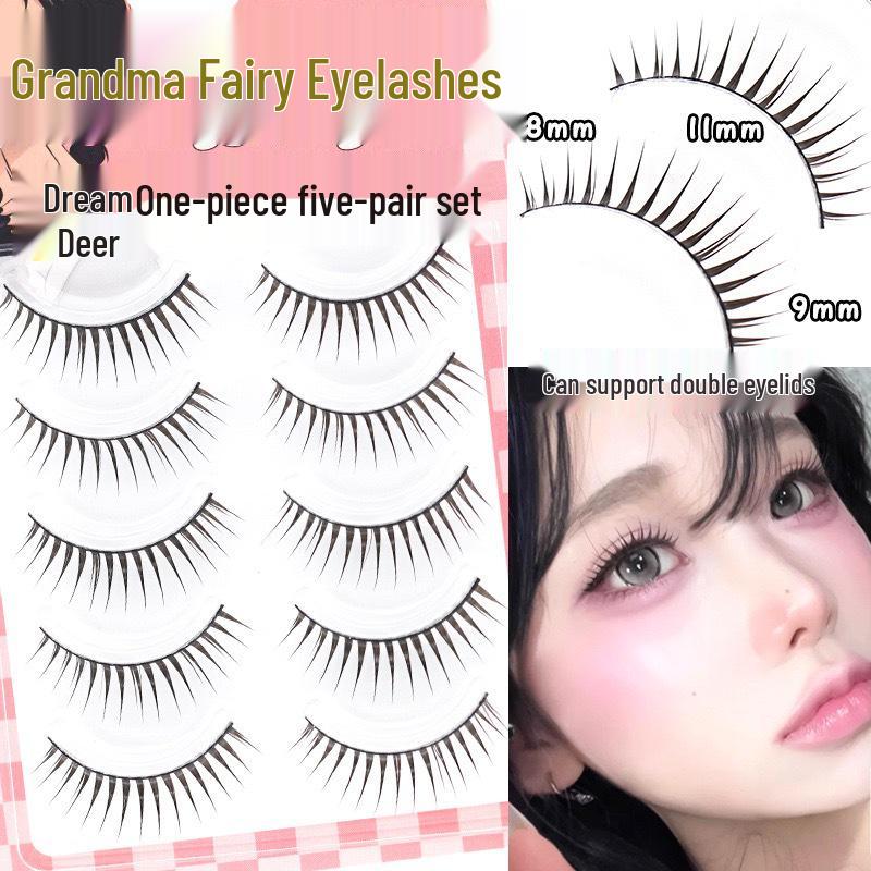Dream Deer Grandma Fairy Eyelashes: Natural Black Double Lashes, Japanese & Korean Style, Hard Stem.