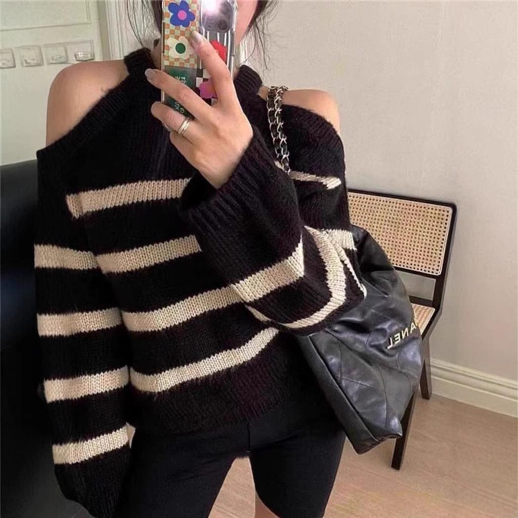 Pulover Casual cu Dungi Oversized cu Umerii Goi pentru Femei, Y2k Sexy cu Umerii Goi pentru Navetă