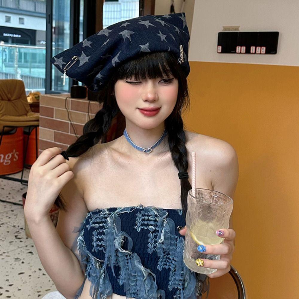 Blue Pullover Hat Y2K Cat Ear Beanie Cap Soft Denim Hat Outdoor