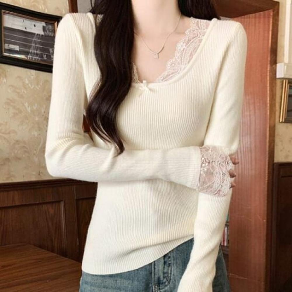 Navava Women Lace PoinT Rib Long Sleeve T shirT nT2913