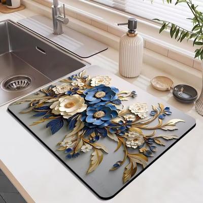 3D Daisy Print Absorbent Mat Kitchen Antiskid Draining Coffee Dish Drying Quick Dry Bathroom Drain Pad Tableware Mats Decoration