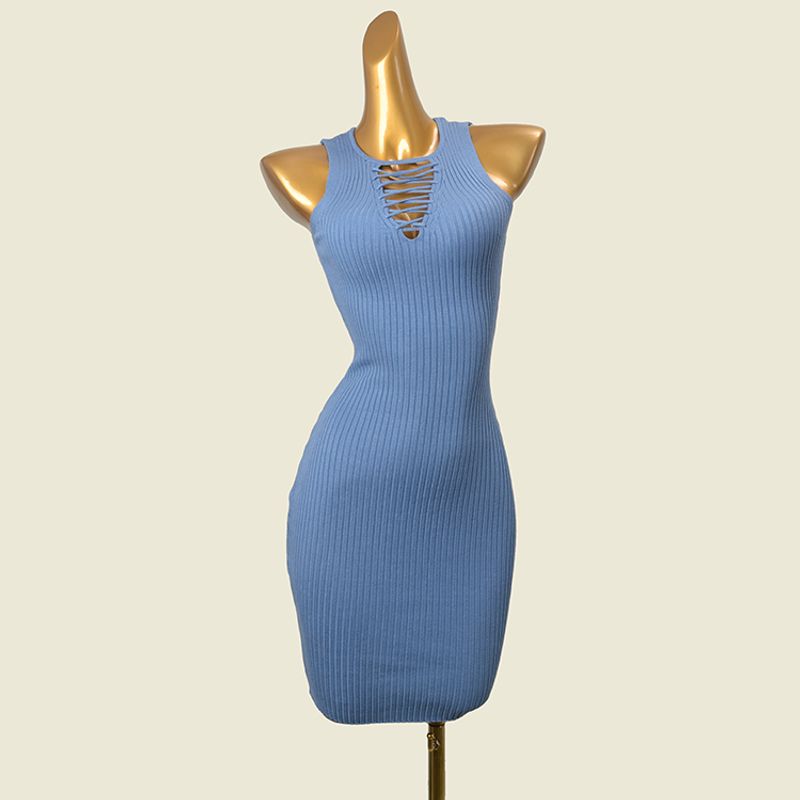 

Fashion Style Lace-up Cutout Sunken Stripe High Elastic Knitted Hip Skirt Sexy Sexy Sleeveless Silm Export Dress Blue(Small blemish color difference) XS