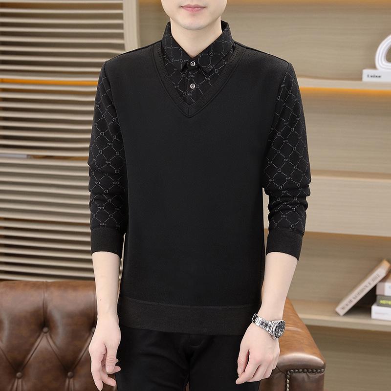 Men's Plush Velvet Sweater with Fake Two-Piece Shirt Collar