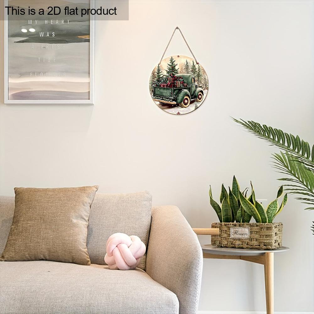 Christmas Wooden Sign with Vintage Pickup Truck Pattern, Warm Winter Round Sign for Front Door Wall Hanging Decor, Ideal Christmas Decoration