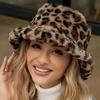 Women's Leopard Print Fleece Bucket Hat with Warm Wide Brim Vintage European American Style,Suitable for Everyday,Commute,Outing
