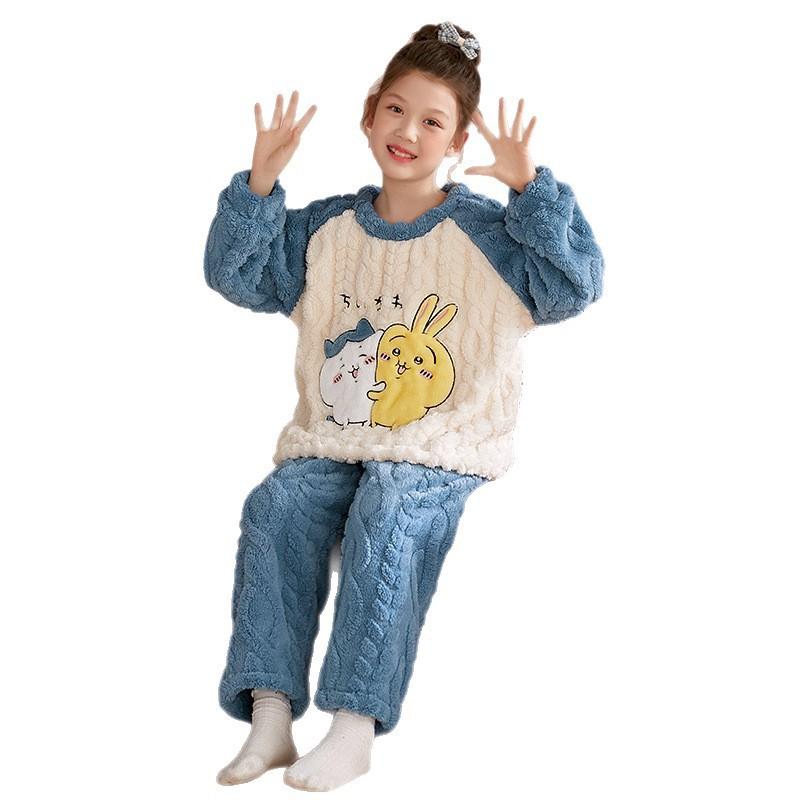 Girls Winter Coral Fleece Pajama Set Kids 8 Years Thick Warm Sleepwear With Cartoon Print