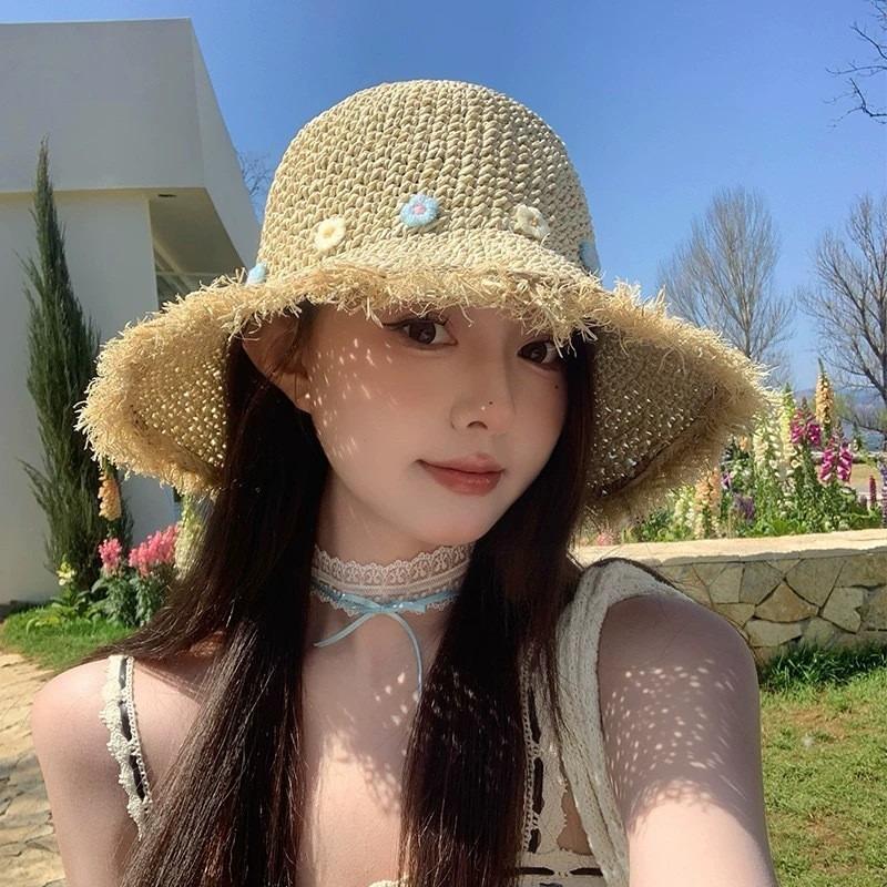 Hyunya Wind Colored Wood Beads Straw Hat Women's Summer Hollow Big Brim Sunshade Sunscreen Hat Foldable Fisherman Hat Tide