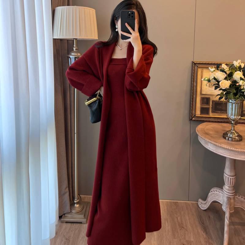 

Женский ретро красный вязаный топ-труба и кардиган в французском стиле на осень/зиму L (recommended for 120-135 lbs) красный