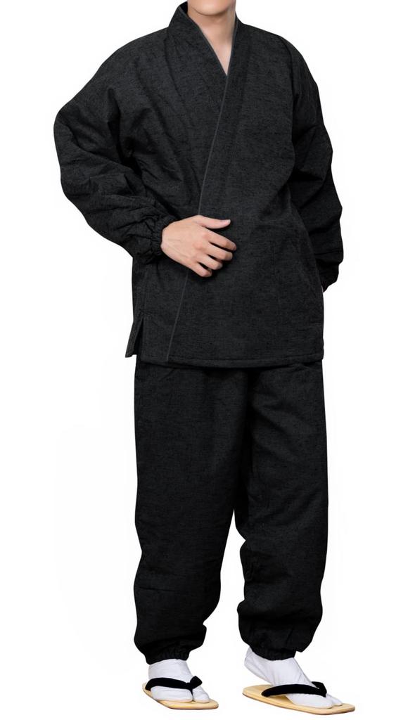 Kyoetsu Men's Winter Samue, Padded, Tsumugi-Style Fabric with Fleece Lining, Size 16 (M, Black)