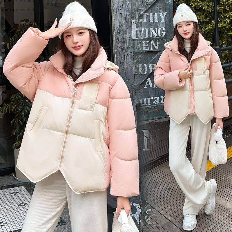 Colorblock Hooded College-style Short Cotton-padded Coat Basic Jacket