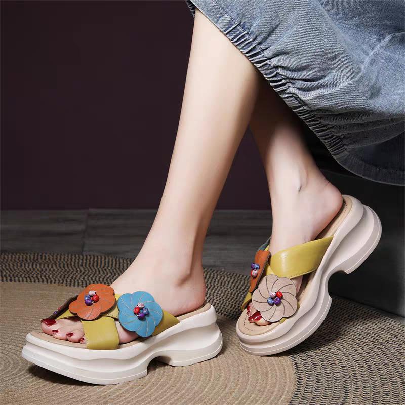 Fashion Summer New Slippers Women Fashion Round Head Beaded Cross with Flowers Waterproof Table Anti-slip Wear-resistant Sandals