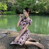 Retro Short Sleeve Printed Cheongsam Dress with Hollow-out Frog Buttons and Slit