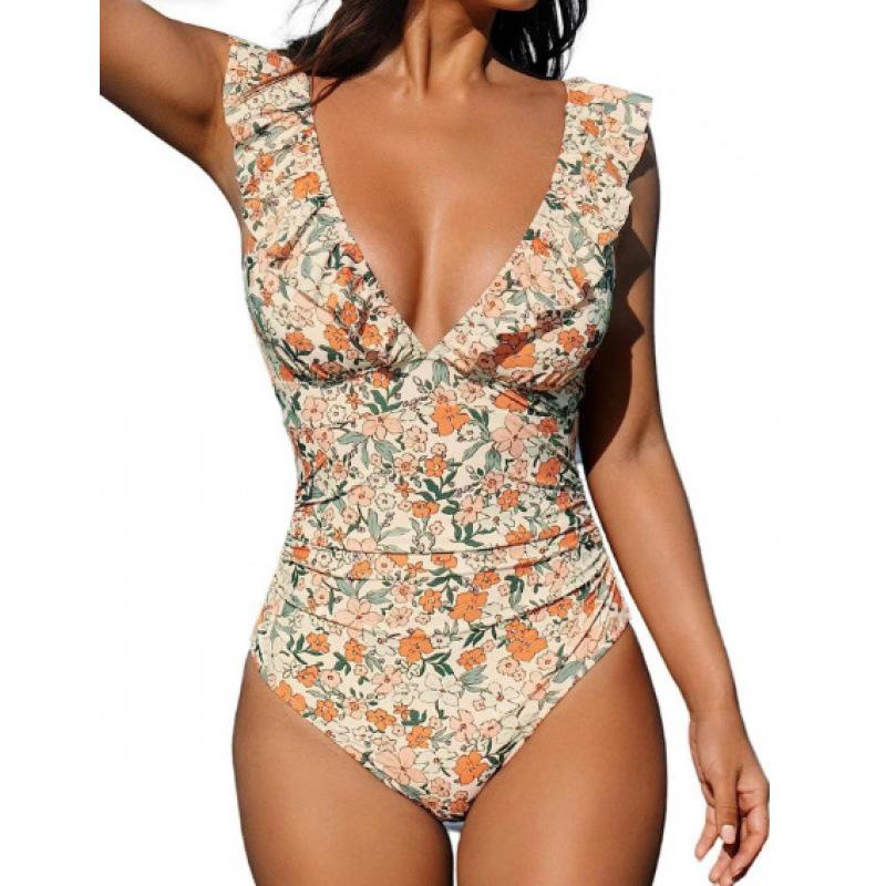 

Женский слитный купальник с V-образным вырезом, оборками и завязками L