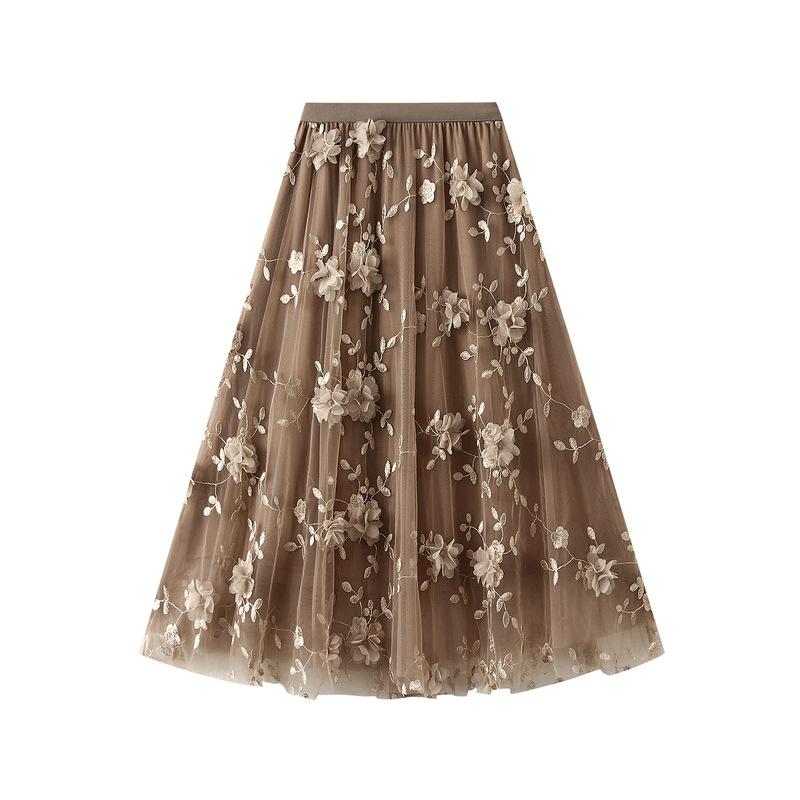 Luxus Frau Röcke Koreanischen Stil, Mode, Elastische Taille Applikationen Stickerei Floral Mesh Rock Lange Gaze Ballkleid Rock