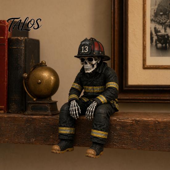 Feuerwehrmann Uniform Replik Skelett Regalhocker Statue, Vintage Harz Figur mit Realistischem Ausrüstung & Abgenutzter Retro Diorama Skulptur Finish, Dunkel