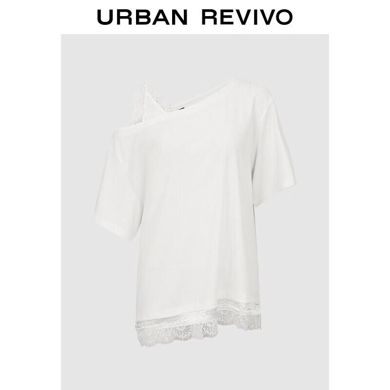 Women s Fashion Lace Patchwork One-Shoulder Faux Two-Piece T-Shirt XS