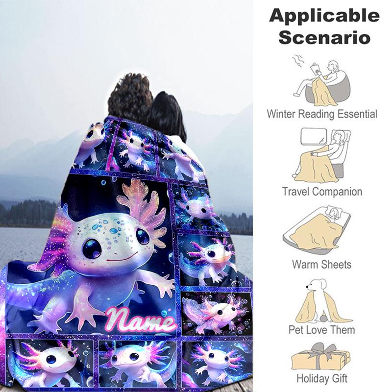 1PC Custom Name Axolotl Fantasy Collage Flannel Blankets Patterns Throw Blanket All-Season Soft Gift for Couch, Bed, Camping Gifts