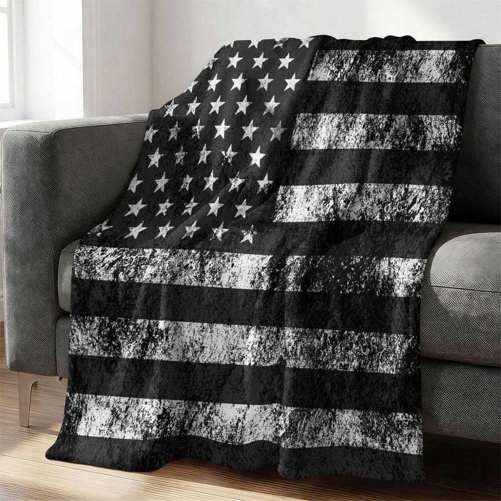 American Flag Throw Blanket Grunge Black White Flannel Blanket Vintage Patriotic Bed Sofa Decorative Gift Blanket Soft 100cmx150cm