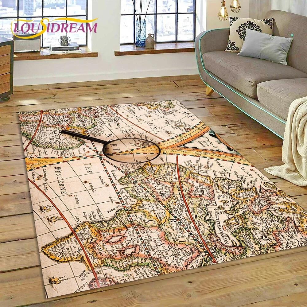 3D Oude Zeekaart Wereldkaart Kompas Tapijt Tapijt voor Slaapkamer Woonkamer Bank Decoratie, Kinderspel Grote Decoratieve Vloermat
