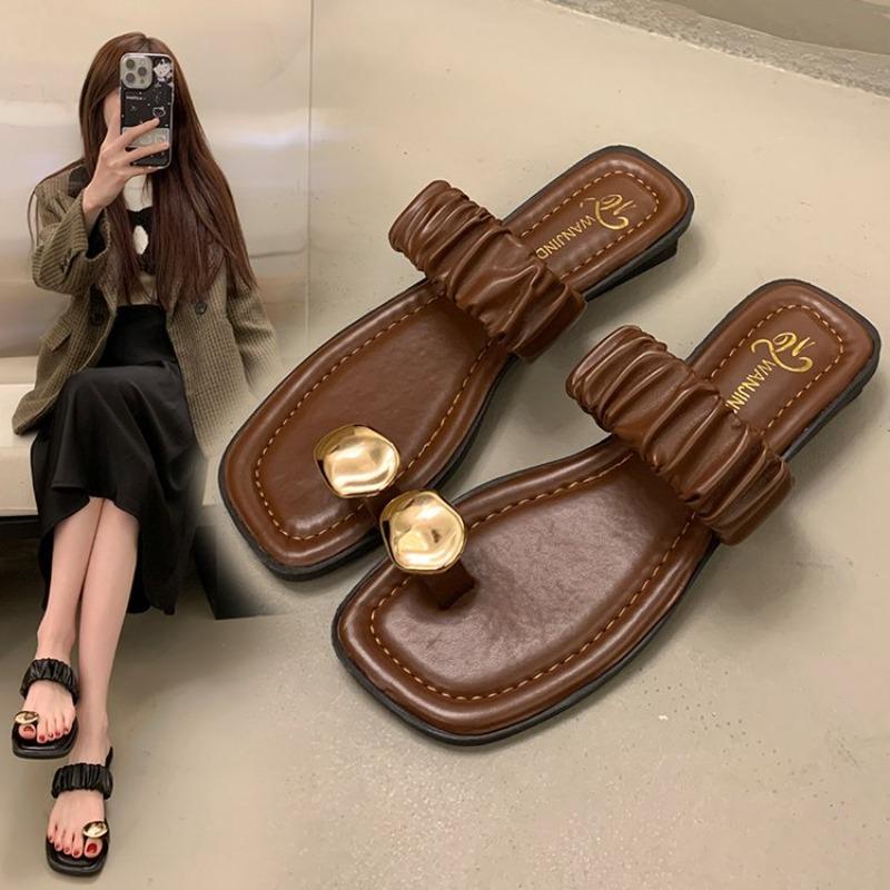 

Модная женская обувь 2024, тапочки с базовым носком и кольцом на низком каблуке, летние однотонные повседневные женские сандалии в стиле ретро с открытым носком