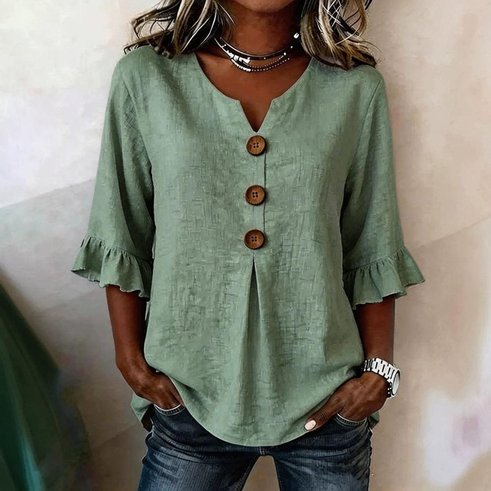 Women V Neck Button Blouse, Spring Summer Casual Top