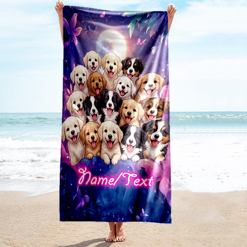 1PC Custom Name Puppy Moonlit Beach Towel Highly Absorbent And Sand-Resistant Towel for Swimming, Pool, Yoga, And Travel Lightweight