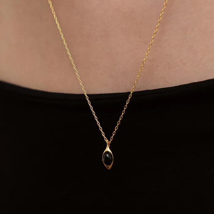(Silver 925) Oval Stone Pendant Long Necklace NZ2504 Onyx