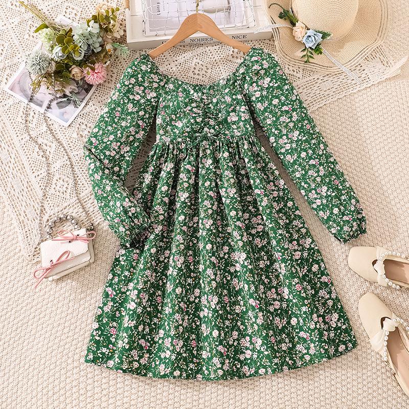 

Girl Long Sleeves Floral Print Dress Children Kid Casual Princess Dresses Clothes 9Y темно-синього кольору
