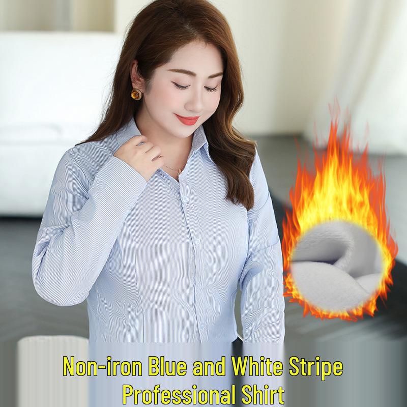 

Women s Plus Size Formal Blue Striped Shirt with Velvet Lining - Autumn Winter Collection 4XL