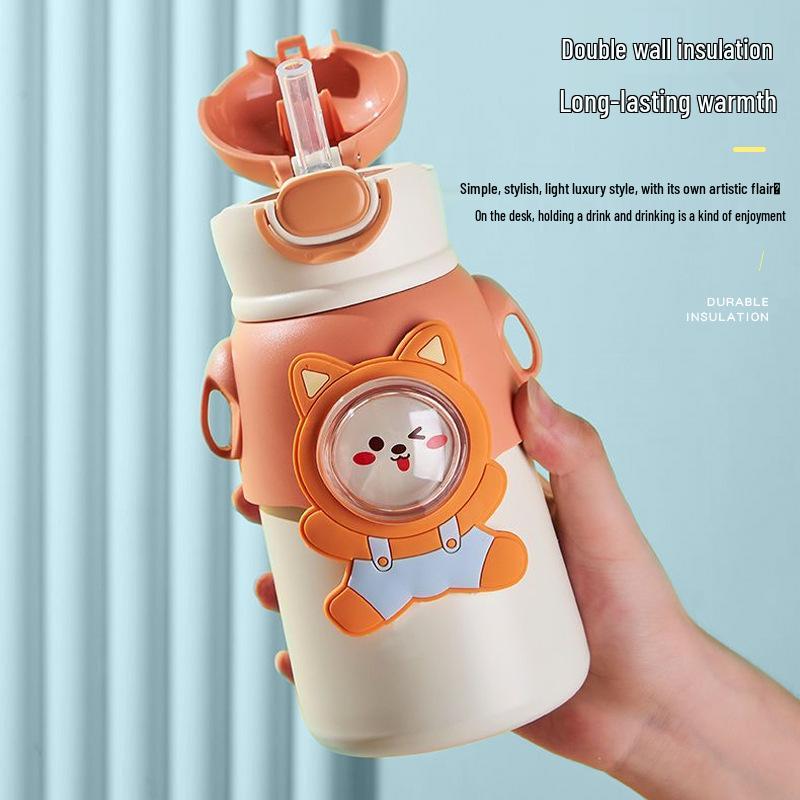 Teddy Bear Stainless Steel Thermos Cup with Lanyard & Straw - Kids' Fun Bounce Design