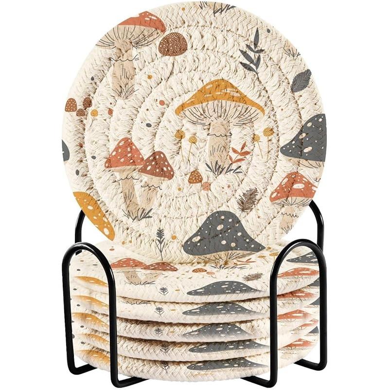 Dinosaur Cotton Cup Coasters with Holder Absorbent Drink Coasters Set for CoffeeTabletop Protection Housewarming Gift Home Decor 6 Pcs